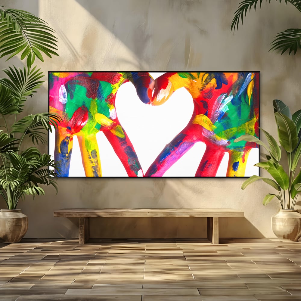 Tablou canvas cu pictura cu maini colorate formand o inima, in rama de aluminiu negru
